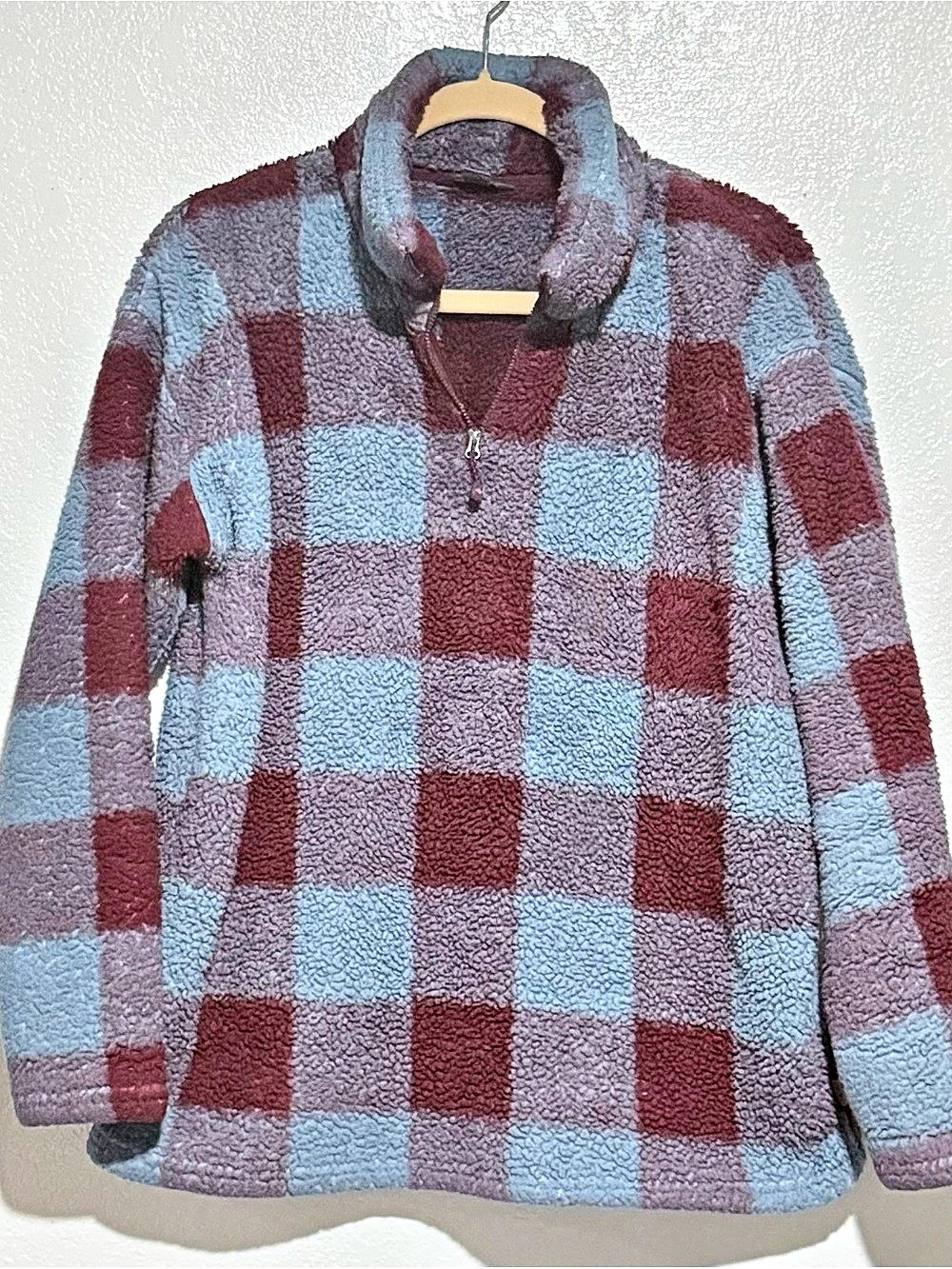 Eddie Bauer Sherpa Fleece Quarter Zip Pullover Plaid Pullover Blue & Red Medium